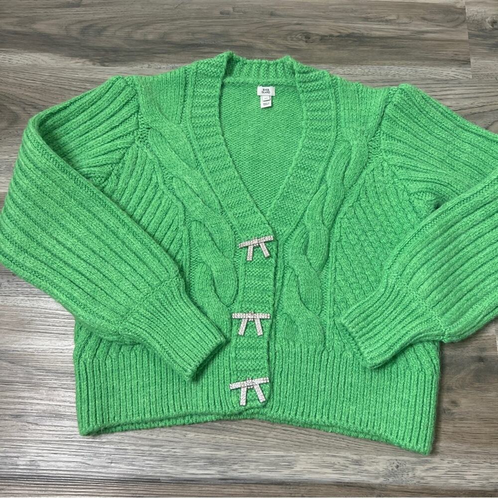 EUC River Island chunky knit boxy cardigan sweater bright green size XS - Picture 2 of 7